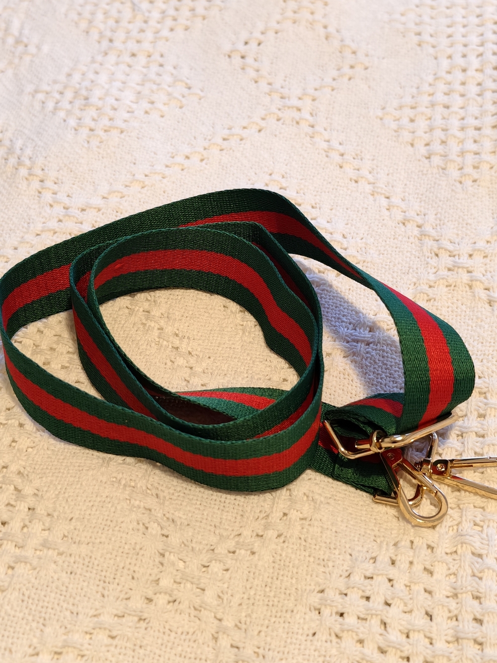 Brand New W/O Tag Green and Red Striped Adjustable Bag Strap with Gold Hardware